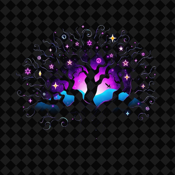 PSD shimmering neon mystical forest inside a silhouette tree landscape has twisted trees with glowing s