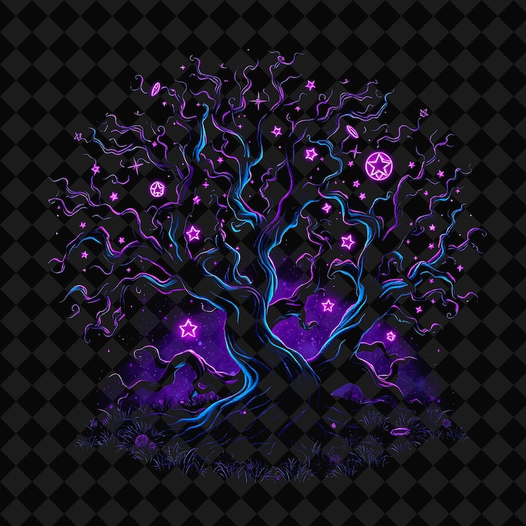 PSD shimmering neon mystical forest inside a silhouette tree landscape has twisted trees with glowing s