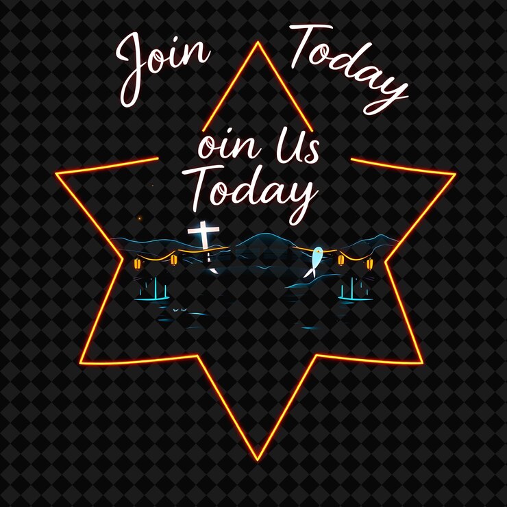 PSD shimmering neon with text join us today with handwritten font flickering neon sign magical bridge