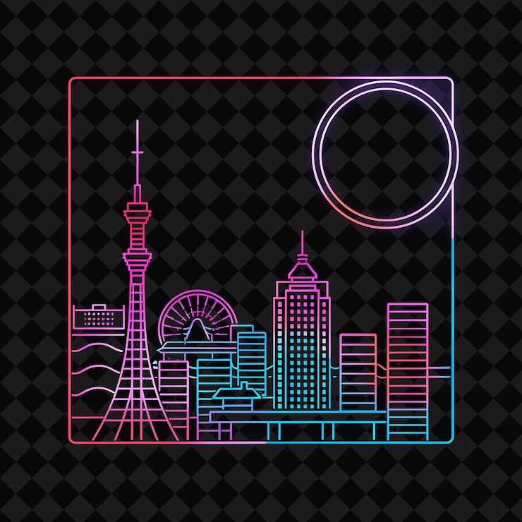 PSD 新光大阪天际线在轮正方形景观中 png y2k 单城市景观拼贴艺术