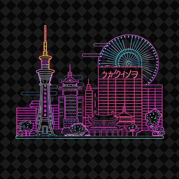 PSD 新光大阪天际线在轮正方形景观中 png y2k 单城市景观拼贴艺术