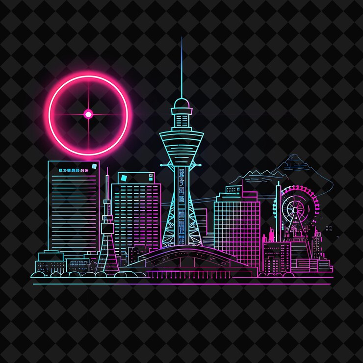 PSD shining neon osaka skyline within a silhouette square landsc png y2k monoline cityscape collage art