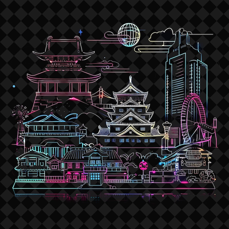 PSD shining neon osaka waterfront within a silhouette square lan png y2k monoline cityscape collage art