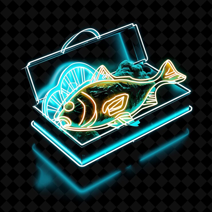 PSD shining neon waves arkansas fried catfish in a fish shaped b png neon food decor y2k collection