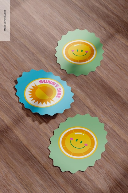 Shining Sticker Set on Wooden Background Mockup