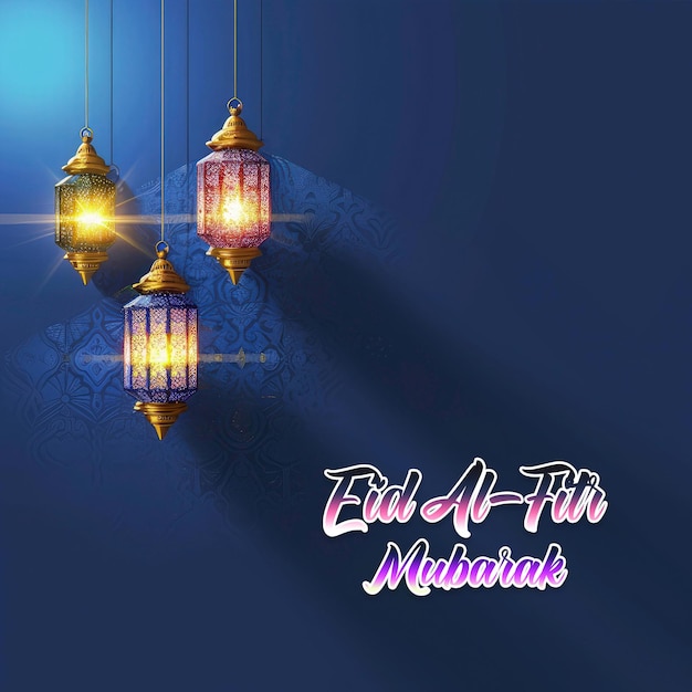 Shiny eid al fitr festival desidera template di saluto lanterna di ramadan con sfondo blu