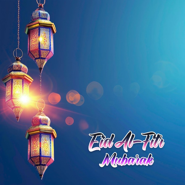 Shiny eid al fitr festival desidera template di saluto lanterna di ramadan con sfondo blu