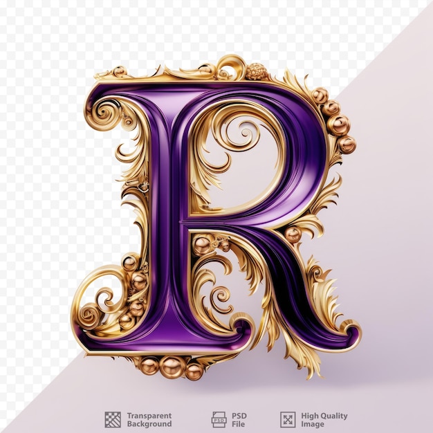 PSD shiny gold capital letter r with antique font on transparent background