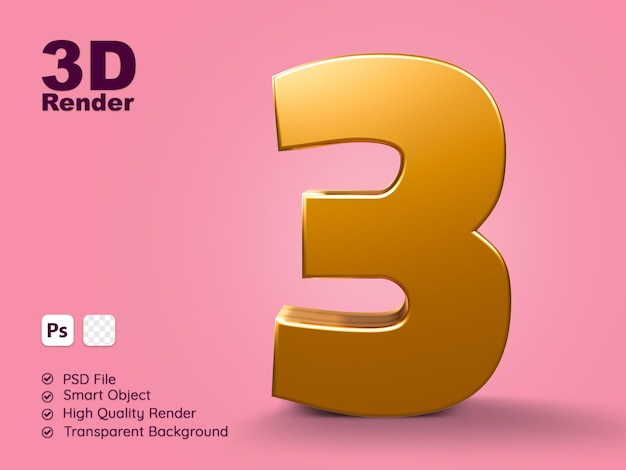 shiny gold number three 3d rendering front view