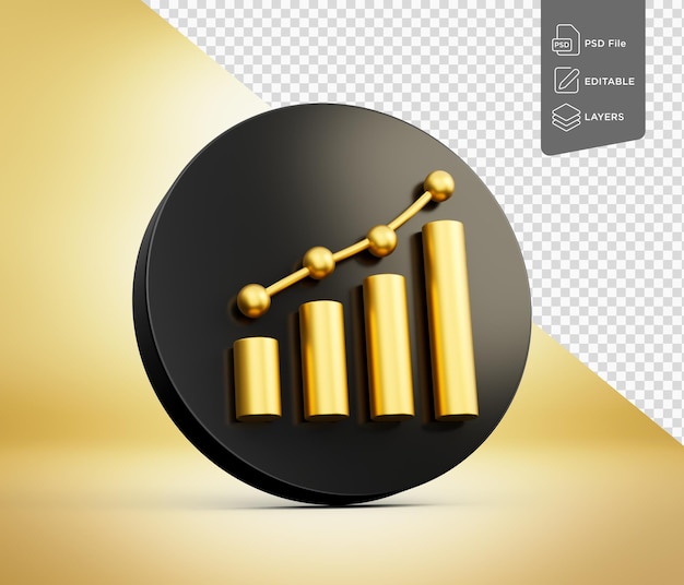 Shiny Golden Business Finance Graph Symbol With Rounded Black Icon 3d Illustration