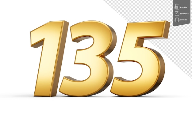 shiny golden number 135 one hundred thirty five golden text on white background 3d illustration