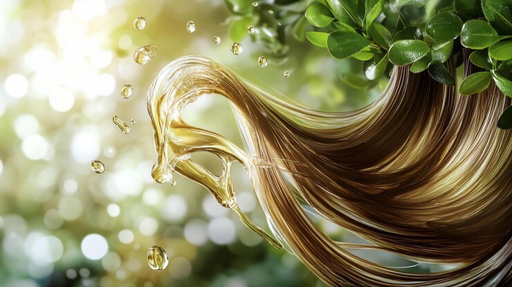 PSD shiny healthy light brown hair flowing with golden oil against a bright green bokeh background