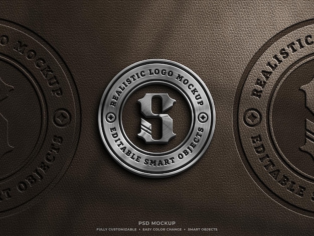 PSD shiny metallic and leather pressed logo mockup on brown leather