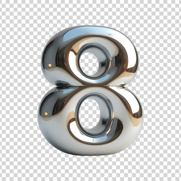 Shiny Metallic Number 8 in 3D Render isolated on transparent background