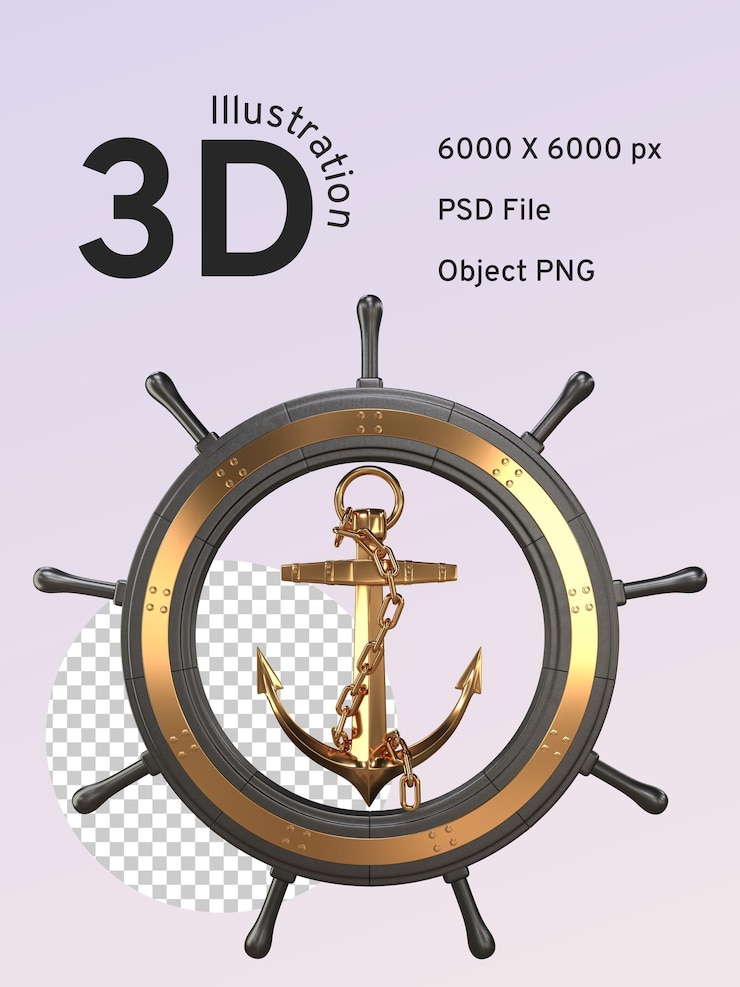 PSD ship steering wheel with anchor inside golden color