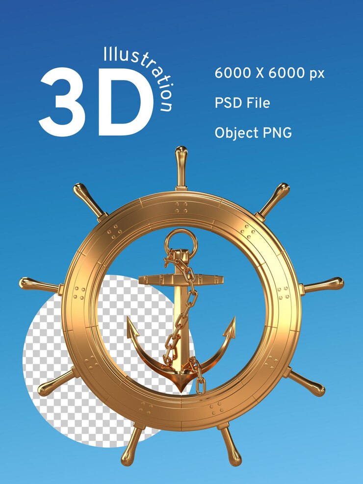 PSD ship steering wheel with anchor inside golden color