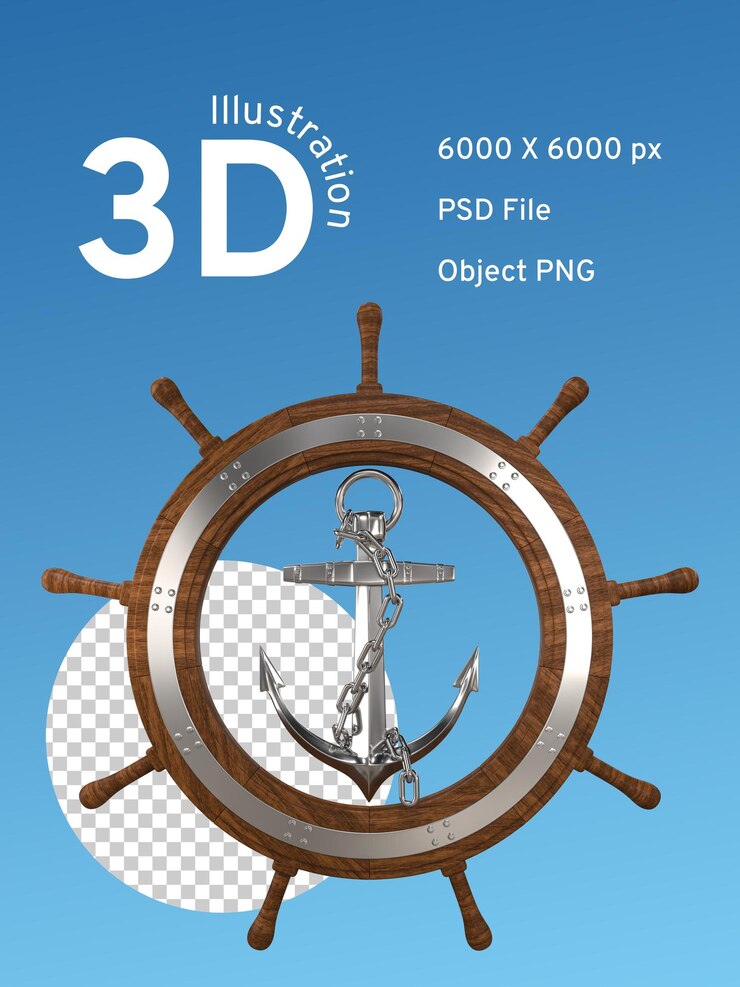PSD ship steering wheel with anchor inside silver color color