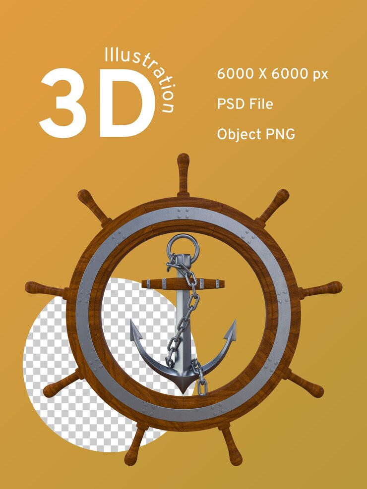 PSD ship steering wheel with anchor inside