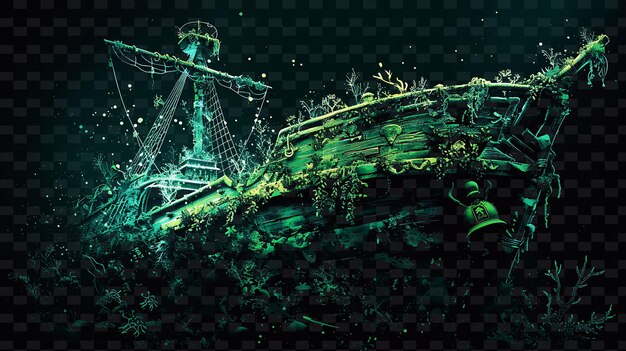 PSD a ship in the water with a green background