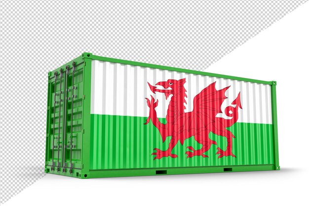 PSD shipping cargo container textured with flag of wales isolated 3d rendering