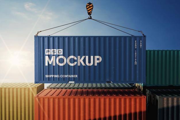 PSD shipping container hanging on hook mockup