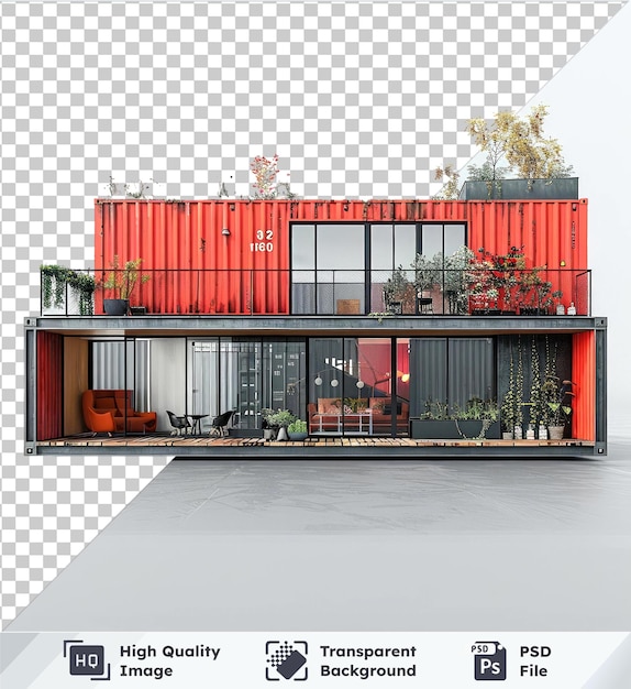 PSD shipping container house in lush greenery and blue sky on transparent background