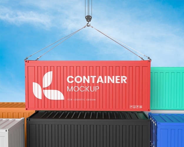 shipping container hung on the hook in the front view mockup