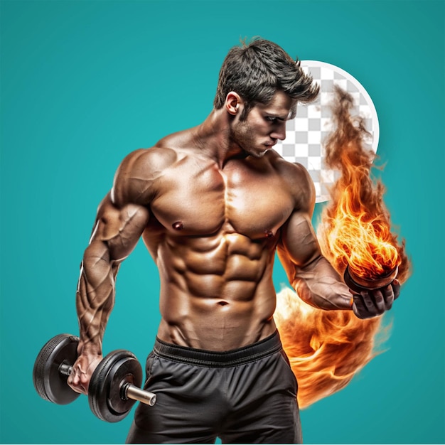 PSD the shirtless muscular athletic male holds the burning barbell