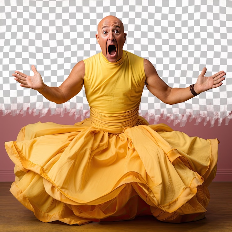 PSD a shocked adult man with bald hair from the mongolic ethnicity dressed in practicing yoga attire poses in a full length with flowing dress style against a pastel yellow background