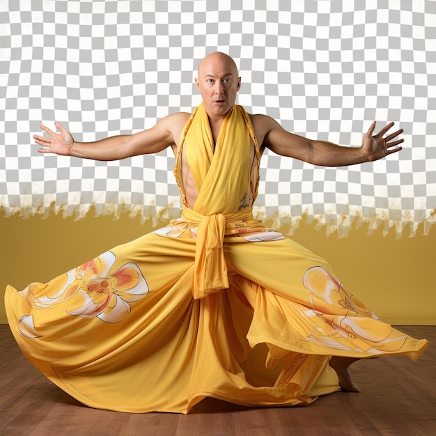 A shocked adult man with bald hair from the mongolic ethnicity dressed in practicing yoga attire poses in a full length with flowing dress style against a pastel yellow background