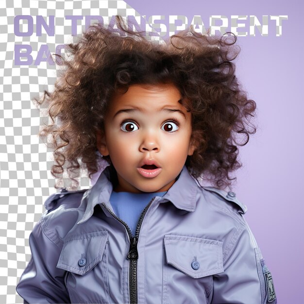 A shocked child girl with kinky hair from the aboriginal australian ethnicity dressed in commercial pilot attire poses in a eyes downcast with a smile style against a pastel periwinkle back