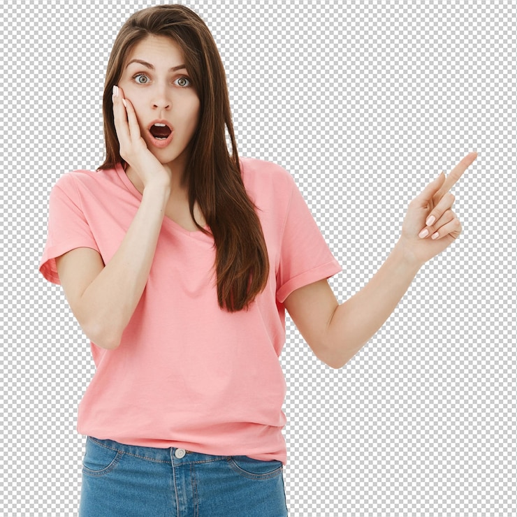 PSD shocked and impressed brunette woman posing in the studio