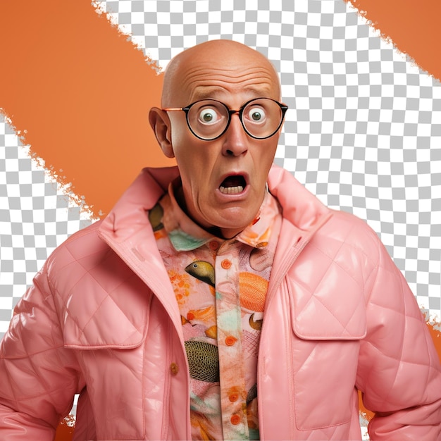 PSD a shocked senior man with bald hair from the nordic ethnicity dressed in agriculturist attire poses in a focused gaze with glasses style against a pastel salmon background