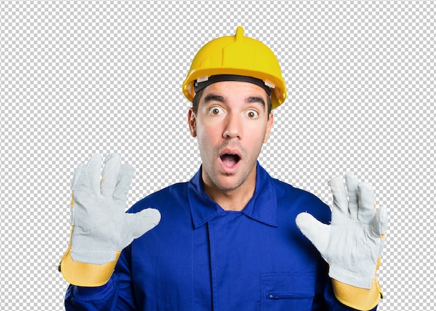 PSD shocked worker on white background