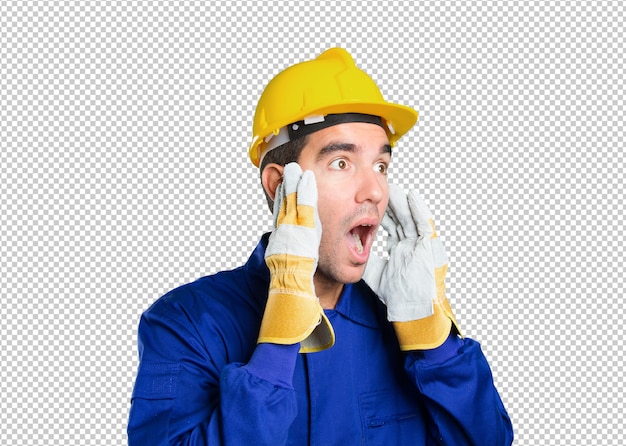 PSD shocked worker on white background