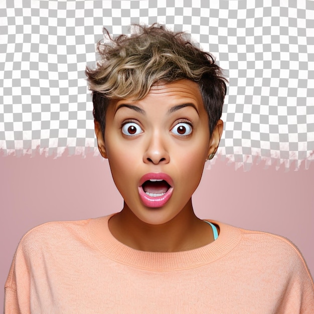 A shocked young adult woman with short hair from the african ethnicity dressed in anthropologist attire poses in a gentle hand on cheek style against a pastel salmon background