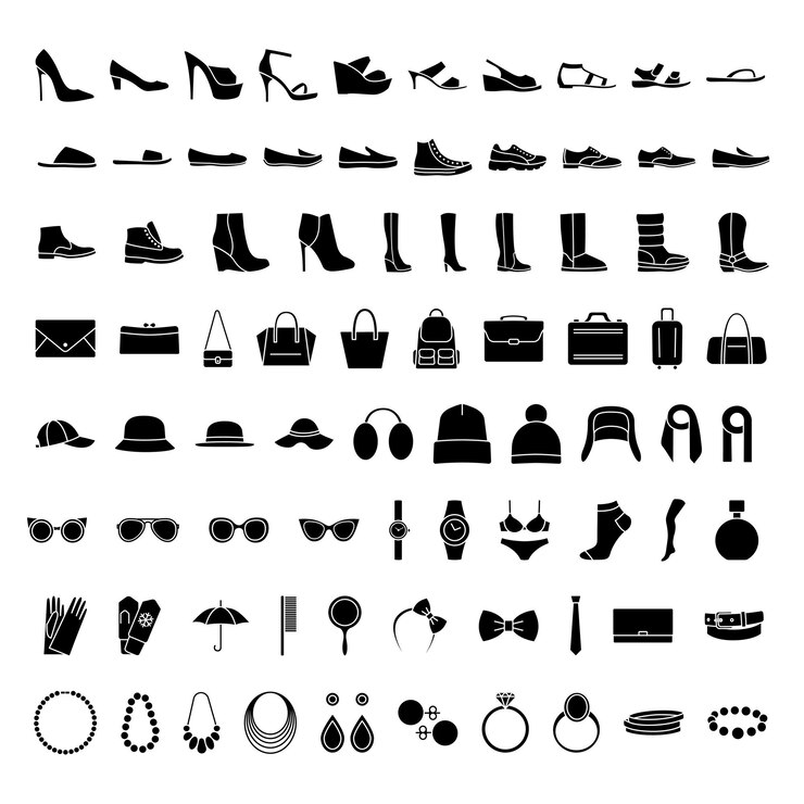 PSD 鞋子和配件的图标 黑色 glyph 孤立的 png