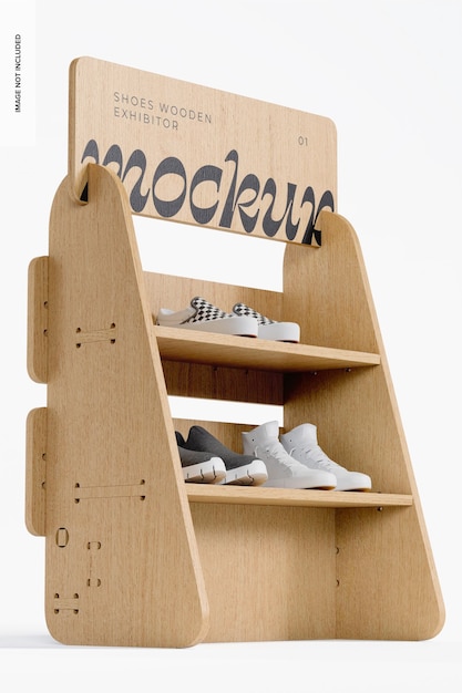 PSD shoes wooden exhibitor mockup, perspective