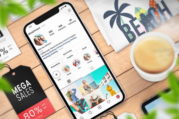 Shop branding mockup with smartphone tshirt and price tags