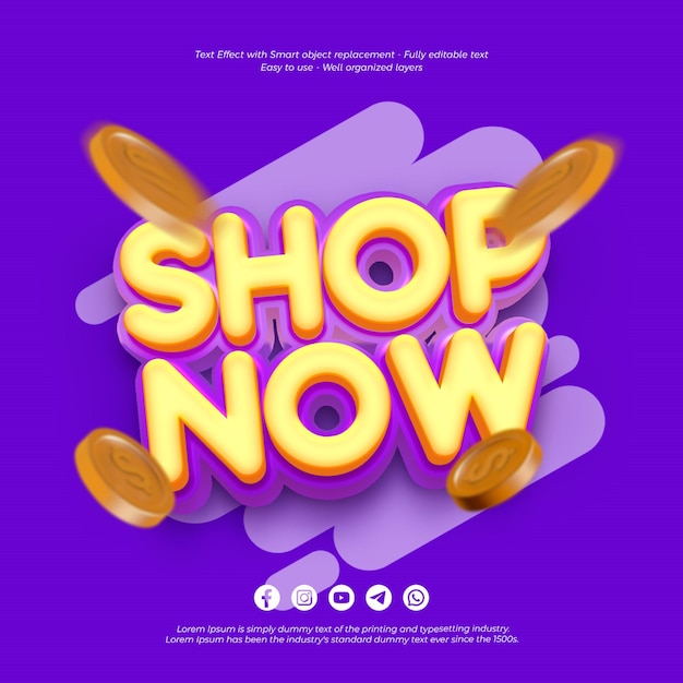 PSD shop now with editable 3d style text effect for banner promotion