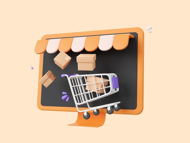 Shop screen monitor with shopping cart and parcel box shopping online concept