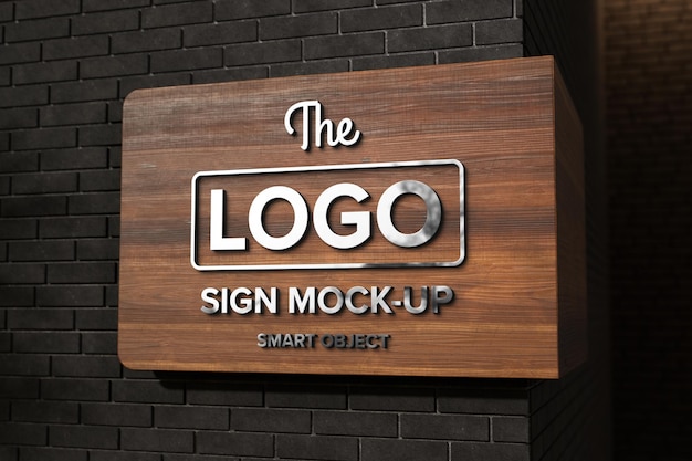 Shop sign mockup on black brick wall