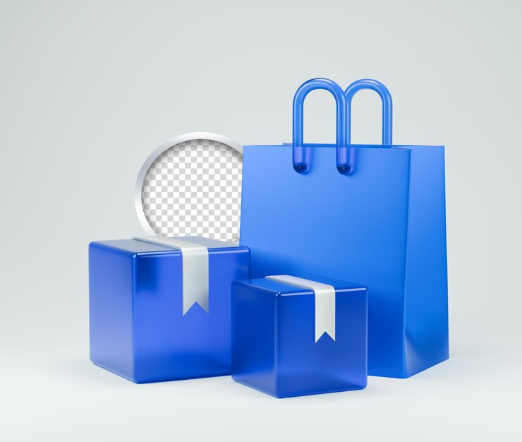 Shopping bag 3d icon with a grey background with a blue packaging box on it