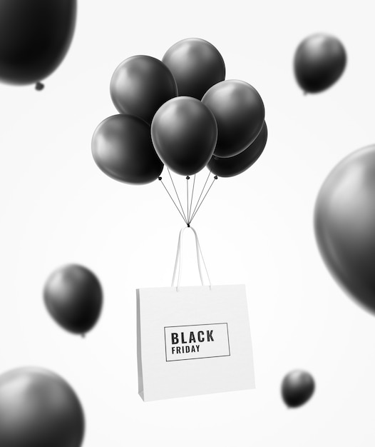 Shopping bag flying with balloon black friday mockup