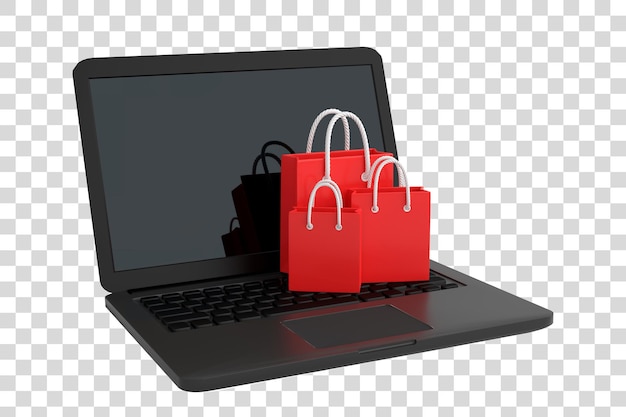 PSD borsa della spesa sopra un computer portatile isolato su sfondo bianco illustrazione di rendering 3d
