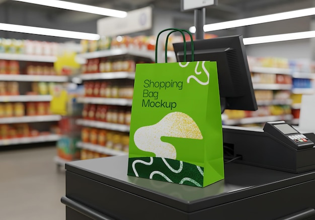 Shopping Bag Mockup on a Checkout Counter in a Grocery Store