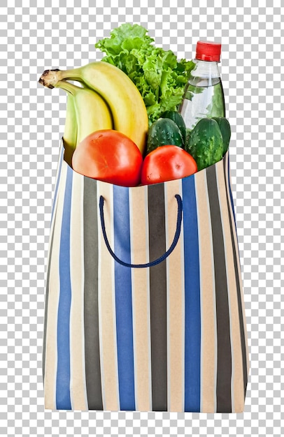 PSD borsa della spesa con cibo dal supermercato isolato su sfondo trasparente
