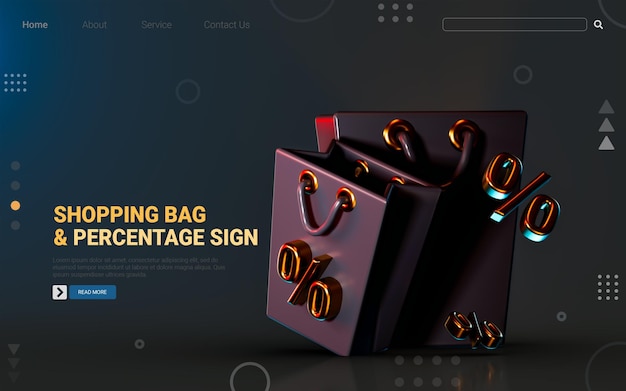 PSD shopping bag with percentage sign icon on dark background 3d render concept for discount marketing