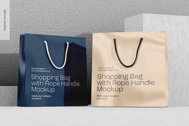 Shopping Bags with Rope Handle Mockup, Side and Front View