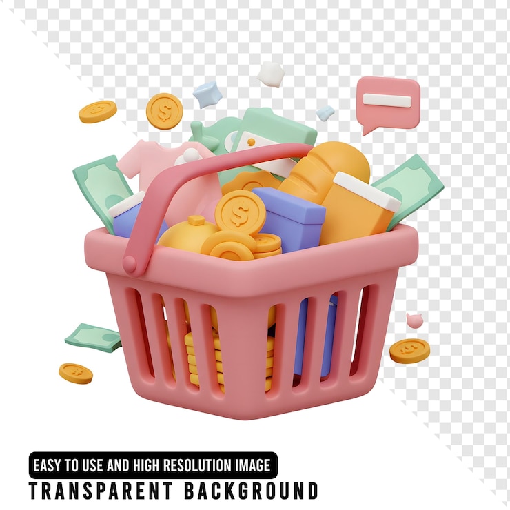 PSD 食料品お金その他のアイテムで満たされたショッピングバスケット